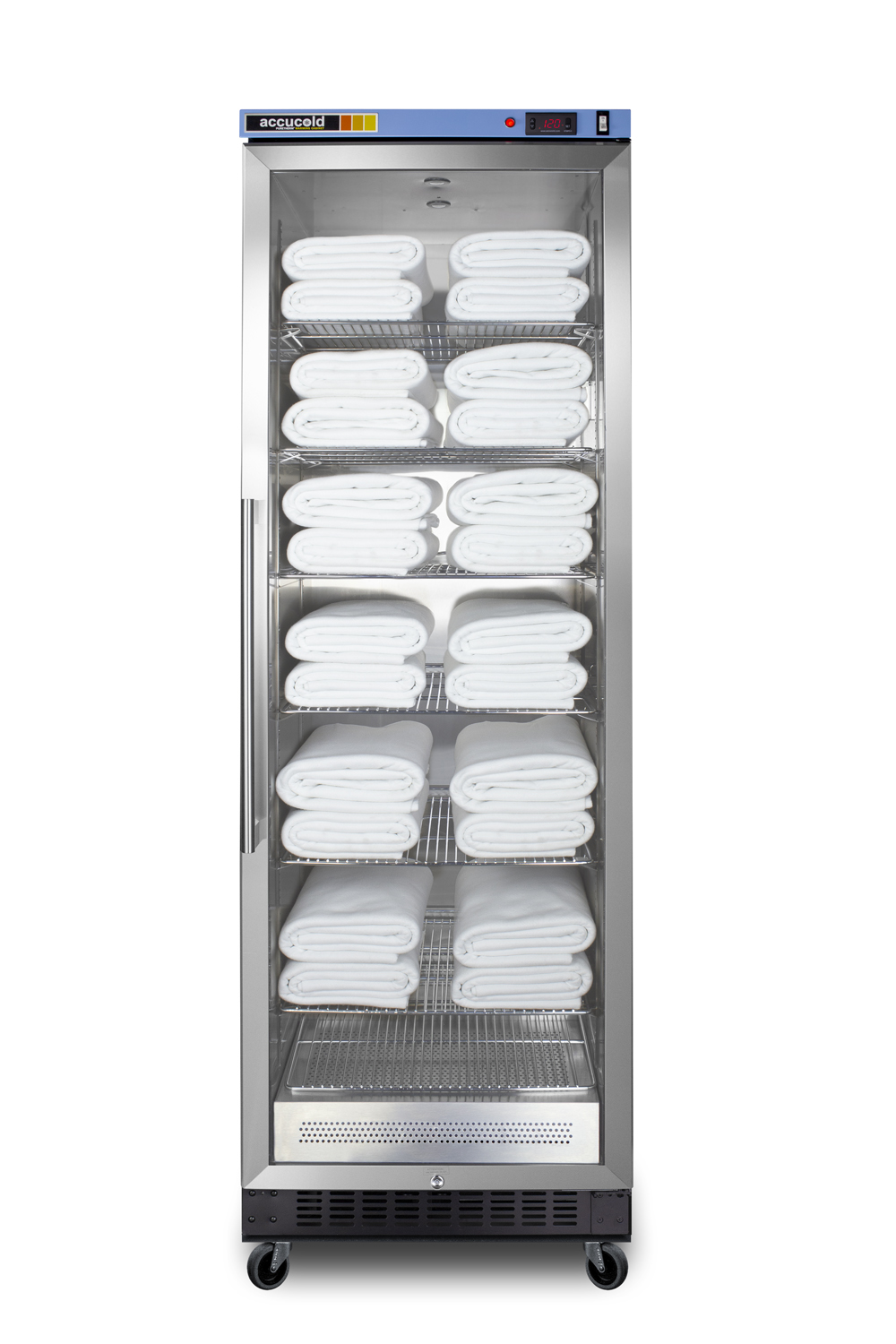 Single chamber passive heating blanket warmer with a self-closing glass door, stainless steel interior, digital thermostat, stainless steel cabinet, and lock